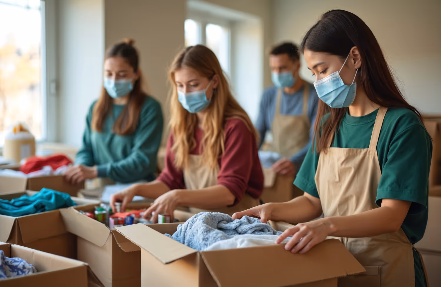 Kind im Zentrum GbR - Beratung - Gruppenfreiwillige mit Mundschutz verpacken Spenden im Wohltätigkeitszentrum