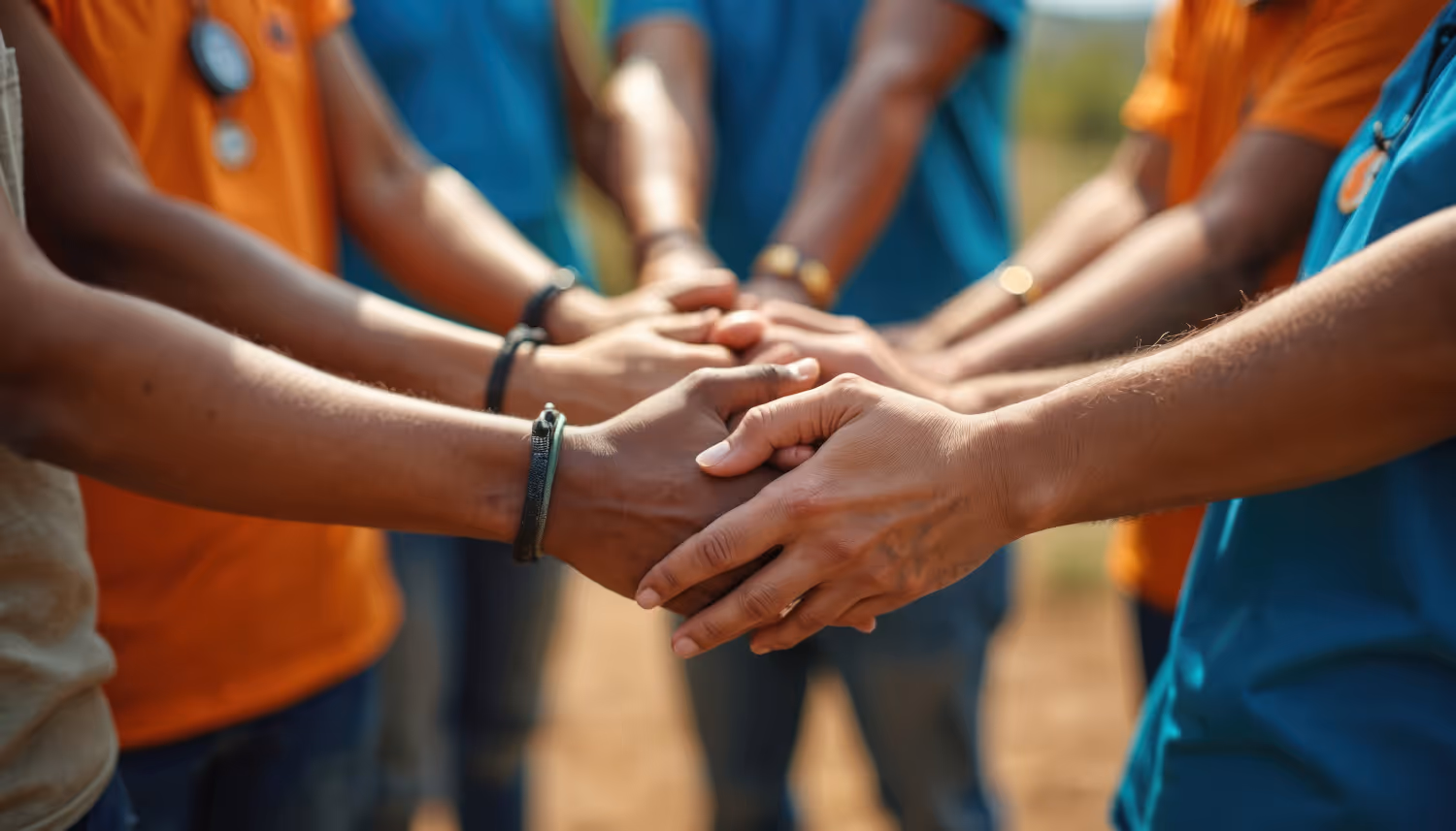 Kind im Zentrum GbR - Beratung - Gruppe verschiedener Freiwilliger bündelt die Hände, vereint Einheit, Zusammenarbeit, Teamarbeit